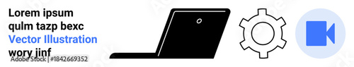 Laptop, gear symbol, and video cam highlight technology, settings, video tools, online work, accessibility, digital customization. Ideal for tech tutorials workflows apps cloud services user