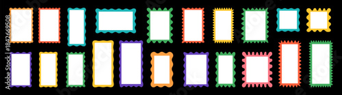 Colorful wavy zigzag rectangle frames set on black background