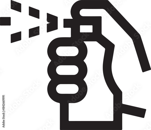 Black and white icon of a hand holding a spray bottle