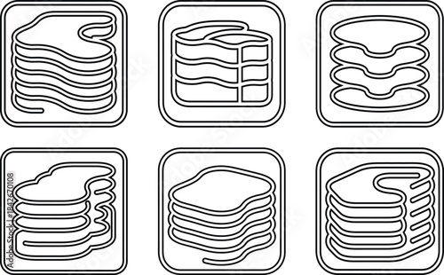 Stacked pancakes in plastic packaging line art illustrations