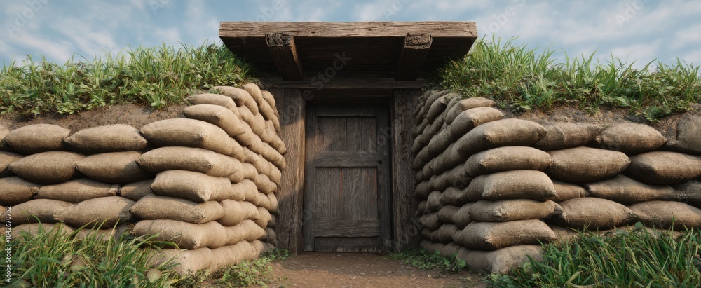 Naklejka premium The sandbag fortified bunker entrance stands firm evoking safety and unyielding resolve