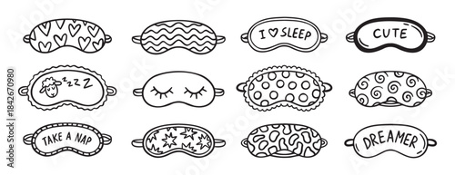 cute sleeping mask doodle hand drawn icon set. Outline drawing line clipart symbol collection