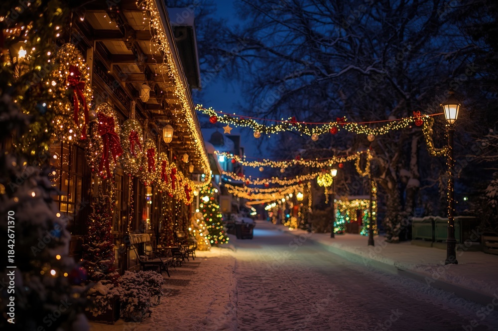 Naklejka premium Festive street scene with illuminated decorations and snow for a winter holiday celebration.