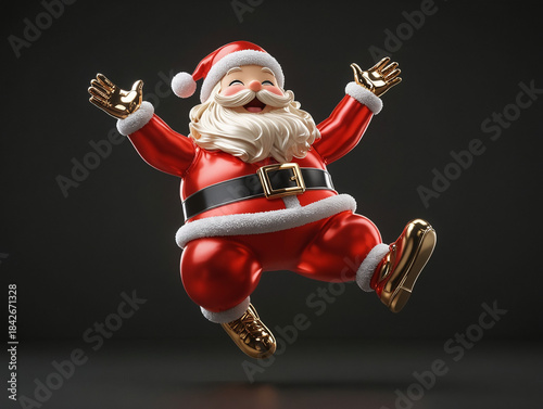 3D render of a cartoon red santa claus jumping, with metallic gold and hot red colors on a black background, with a shiny glass texture and a simple design, looking cute. generative ai