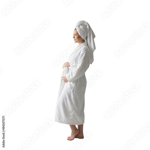 Pregnant woman after shower isolated on transparent or white background, png