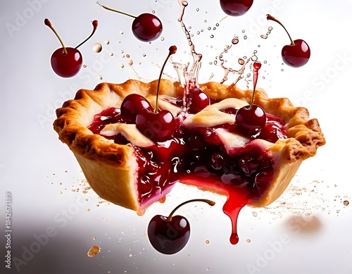 A mouthwatering sample from a freshly made cherry pie with sauce oozing from it