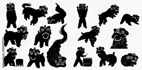 Set of Chinese New Year lion dance silhouettes in various poses and actions, traditional cultural festival.