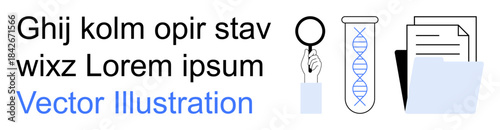 Science, research, data analysis, genetic testing, academic studies, document review. Magnifying glass, DNA strand and stacked papers . Research and data analysis concept illustrated
