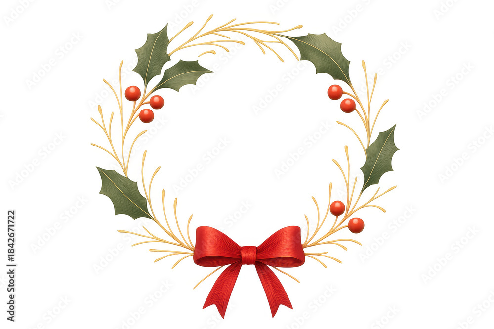Naklejka premium Christmas holiday wreath with holly leaves, red berries, golden branches and a festive ribbon, transparent background