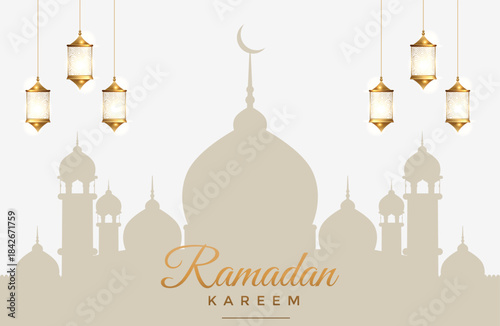 Ramadan kareem greeting card with lanterns and mosque silhouette