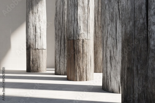 A collection of timber columns in an empty, light-filled space. The wood grain is prominently displayed, creating a textured and rustic atmosphere.