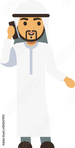A man in a white robe is talking on a cell phone
