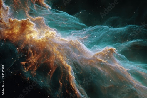 Celestial Majesty: A vibrant and colorful nebula illuminates the dark expanse of space, adorned with cosmic dust and glittering star clusters.