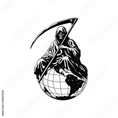 Black and white illustration of the Grim Reaper sitting on a globe holding a long, scary scythe hand drawn style