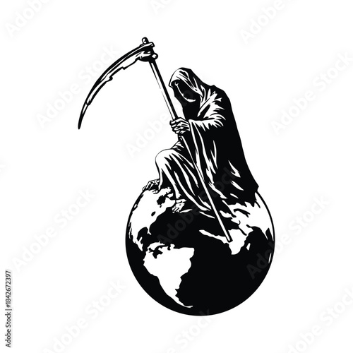 Black and white illustration of the Grim Reaper sitting on a globe holding a long, scary scythe hand drawn style