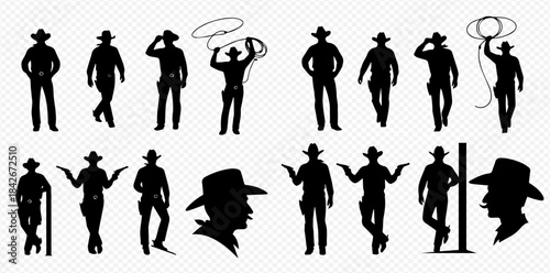 Collection of cowboy silhouettes in various poses including standing, walking, and holding a lasso, on a transparent background.