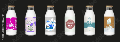 Milk bottles packaging collection design template vector file
