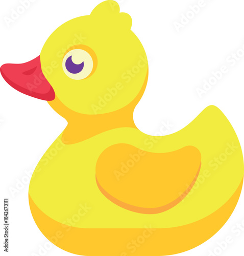 A yellow rubber duck with a red beak and a pink eye