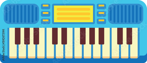 A blue and yellow keyboard with a yellow screen