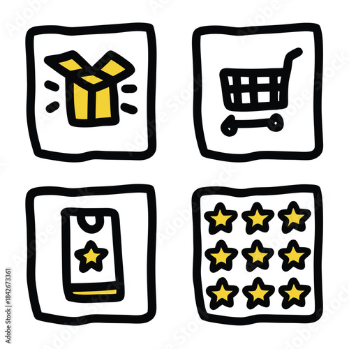 Hand Drawn Shopping and E-commerce Vector Icon Set with Cart Box and Rating Star