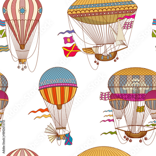 A collection of colorful hot air balloons and a ship are flying in the sky