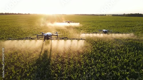 Advanced agricultural drones spraying crops with precision in a sun-drenched field