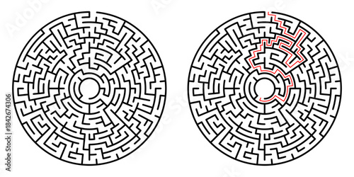 Detailed maze design showcases a complex circular labyrinth with sharp contrast and clear paths. The intricate puzzle emphasizes logic and problem solving, drawing the viewer into its structured chall