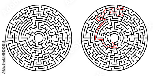 Striking black-and-white labyrinth reveals an elaborate network of winding passages. The thoughtful puzzle highlights strategy and intelligence, guiding the eye toward the central solution point.