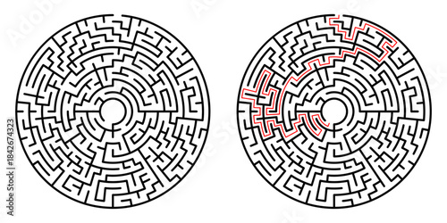 Vector maze illustration presents a dense field of interconnected routes. The circular structure conveys depth and challenge, capturing the essence of logic, navigation, and focused problem solving.