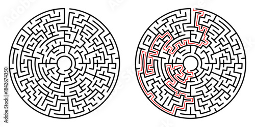 Vector maze illustration presents a dense field of interconnected routes. The circular structure conveys depth and challenge, capturing the essence of logic, navigation, and focused problem solving.