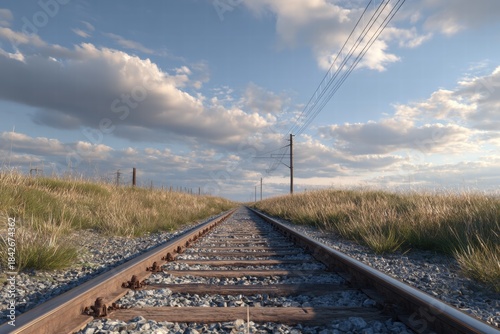 A long train journey through grassy fields beneath a beautiful blue sky filled with fluffy clouds; an endless adventure begins here.