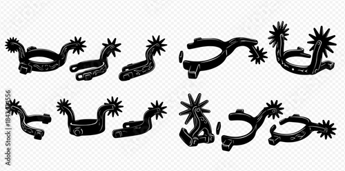 Set of hand drawn cowboy spurs in various styles for equestrian sports and western riding.