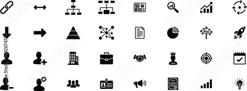 Organization chart and hierarchy glyph icon set. Vector pictograms of structure levels, workflow, management roles, team network, leadership, growth metrics, strategy and business illustration