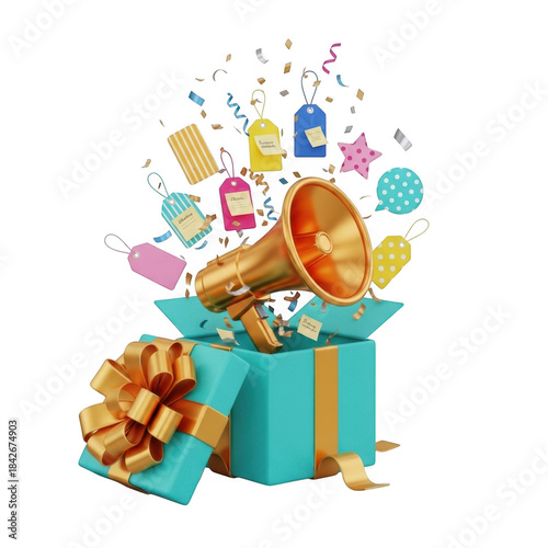 Exploding gift box with megaphone and confetti announcing exciting promotions and deals transparent background