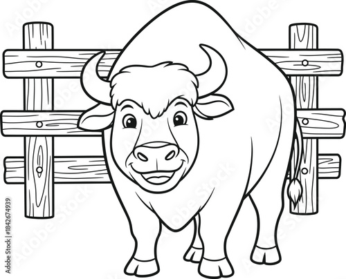 Cartoon Bull Behind Wooden Fence Line Art Illustration