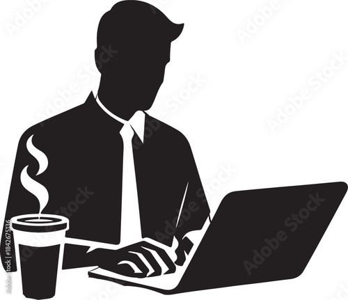 Silhouette of a man in a business shirt and tie, focused on typing on a laptop, with a steaming cup of coffee nearby.