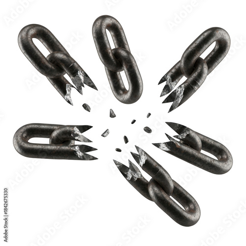 Abstract starburst of transparent clear plastic chain links on a deep black field transparent background