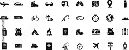 Travel and exploration glyph icon set. Vector pictograms of transportation, camping, adventure, navigation, outdoor gear, tourism and vacation illustration.