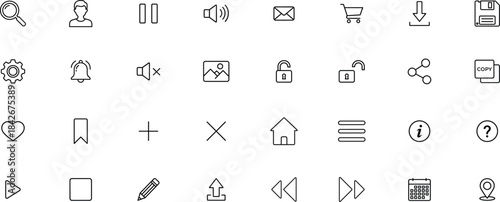 UI UX line icon set. Vector outline symbols of interface, interaction, navigation, media controls, essential app elements and user experience illustration.