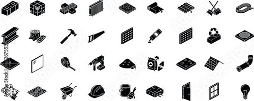 Construction materials glyph icon set. Vector pictograms of bricks, tiles, steel beam, wood, hammer, saw, drill, cement, sand, insulation, paint, pipe, glass, floor, and building supplies illustration