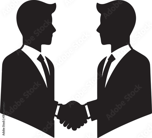 Silhouette of two businessmen in suits shaking hands, representing partnership, agreement, deal, or a successful collaboration.