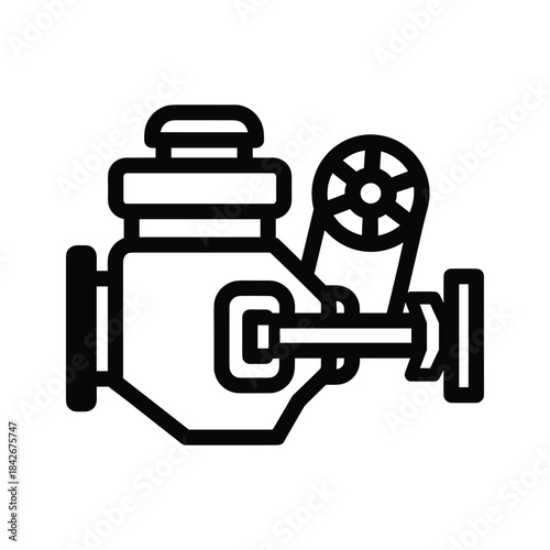 Stylized black and white icon of an engine, isolated on