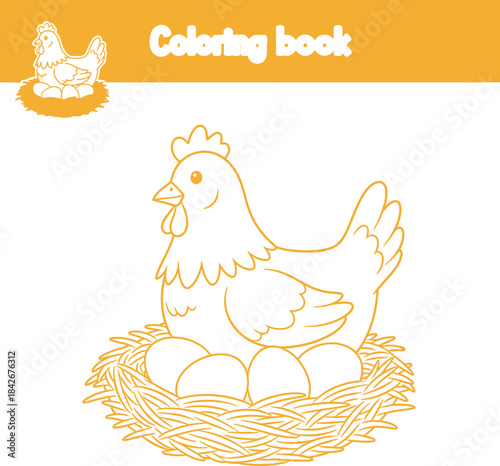 Chicken Coloring Book Page with Nest and Eggs