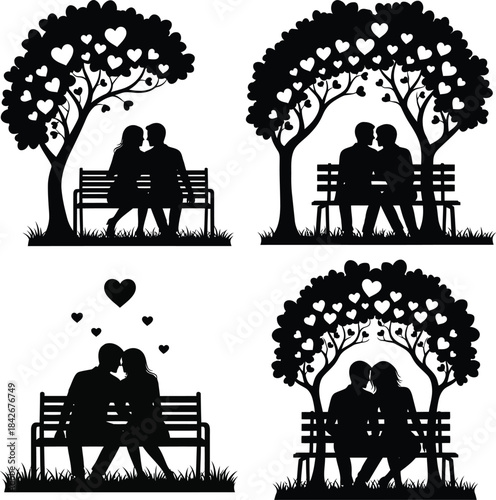 Couple Silhouettes on Bench Under Tree, Romantic Park Scene with Hearts Vector Set