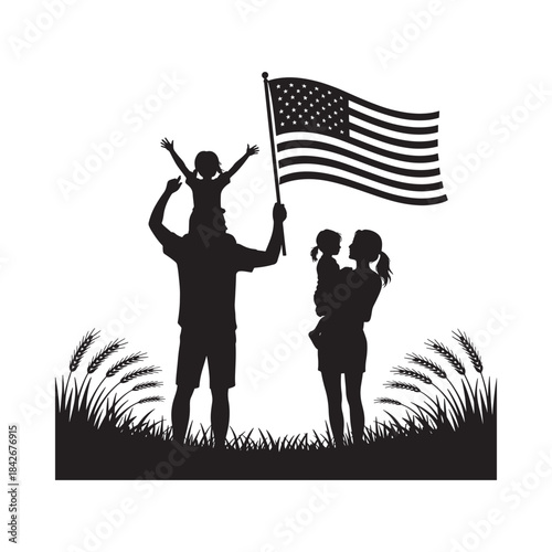A silhouette vector illustration of a happy family celebrating with an american flag in a field