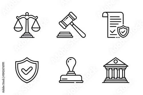 Line art collection of legal and justice symbols for protection and regulation concepts