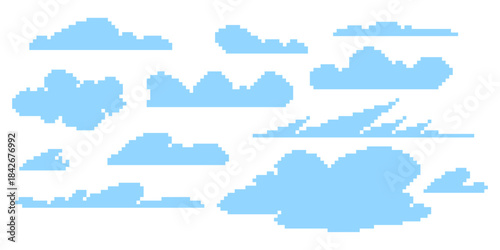 Set of retro pixel clouds in different shapes. Cute 8 bit sky elements for games, UI, backgrounds, stickers, posters, and digital projects. Perfect for retro and pixel style designs
