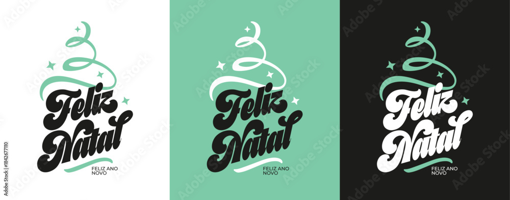 Fototapeta premium Conjunto de letterings manuais de Feliz Natal e Feliz Ano Novo com árvore de natal abstrata e estilo retrô.