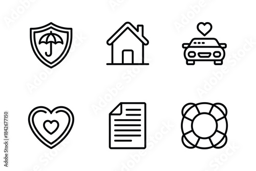 A collection of insurance and protection line icons representing home, auto, and life policies