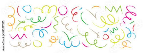Colorful hand drawn confetti and streamer brush strokes vector set. charcoal scribbles, childish doodle symbol. vector illustration.